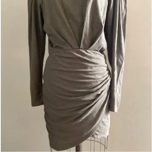 IRO] Olive green Garah ruched Stretch Linen jersey Puff pad sleeve Mini Dress